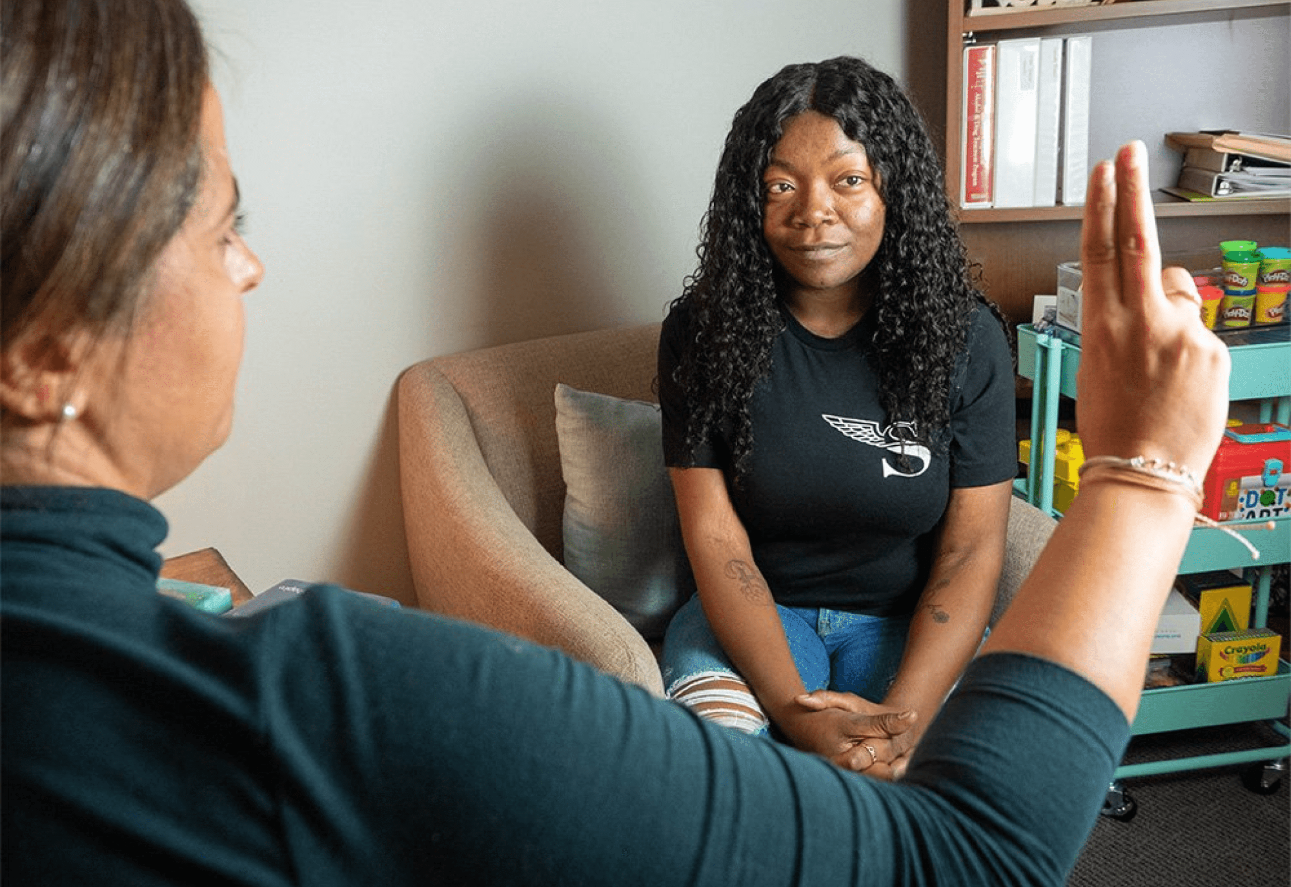 Woman undergoing EMDR therapy (Eye Movement Desensitization and Reprocessing) to recover from trauma and challenging life experiences